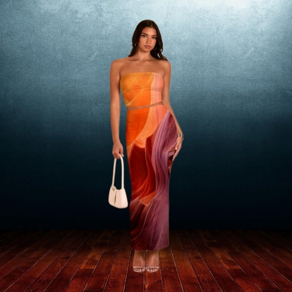 2-Piece Set Bandeau Crop Top and Maxi Skirt in Orange Red Purple Multi